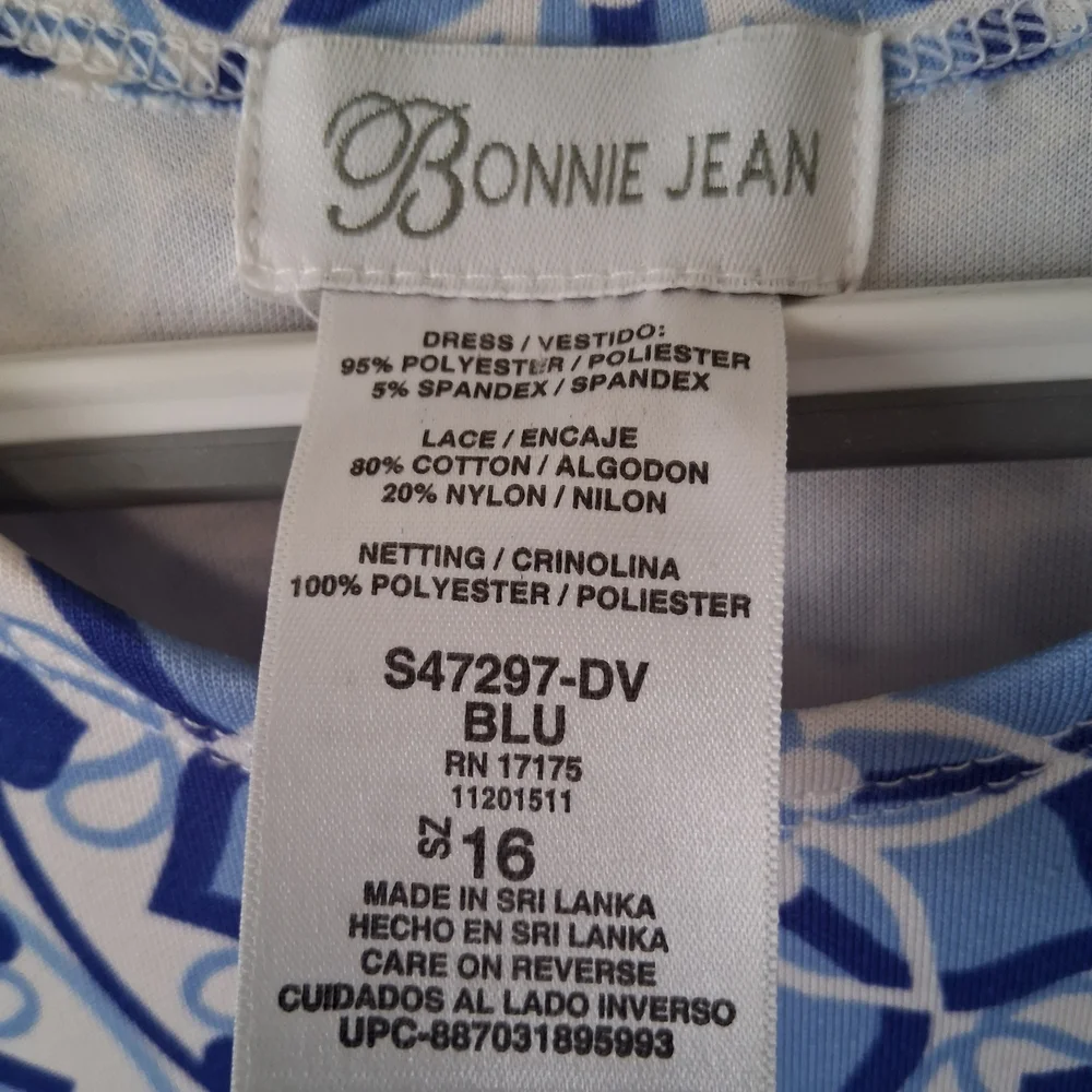 Bonnie Jean Girls Blue and White Patterned Sleeveless Dress Size 16